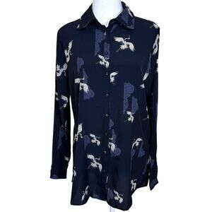 T Tahari Long Sleeve Crane Print Blouse Small/Petite Navy EUC
